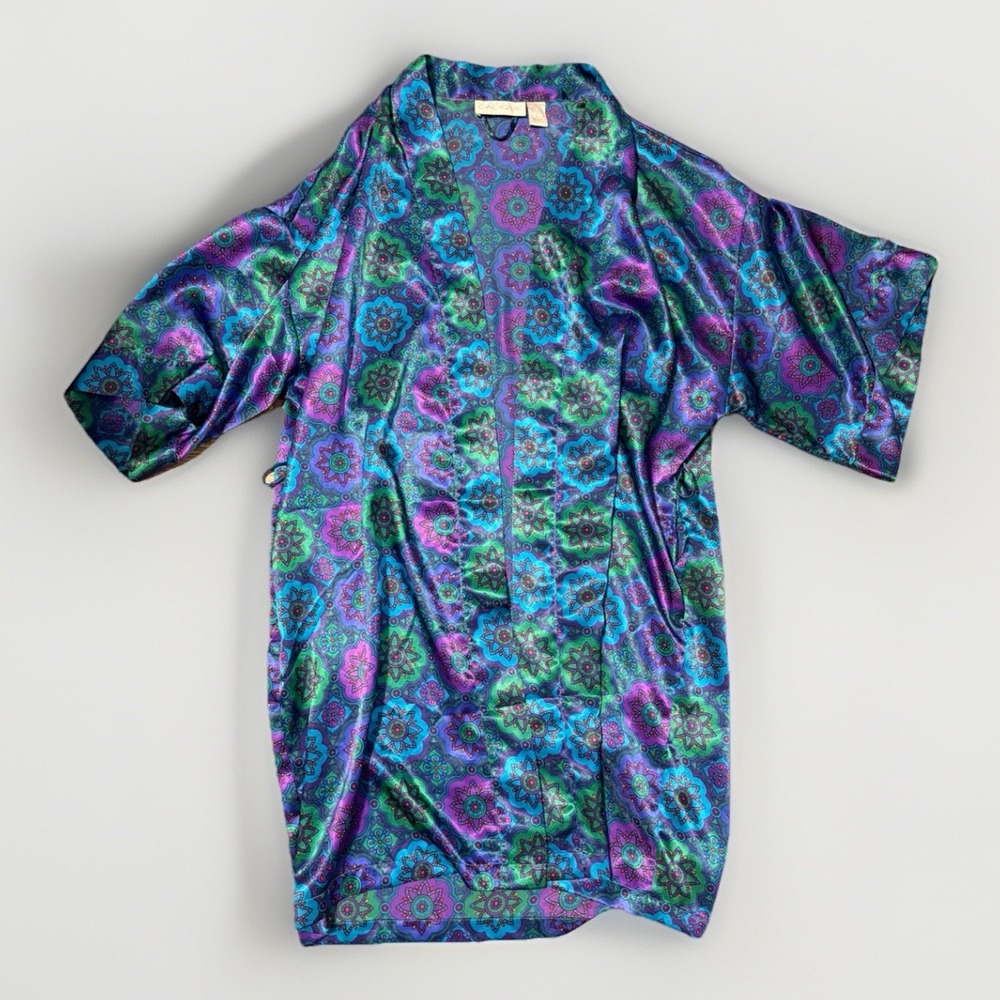 Cacique Satin Robe Small Purple Blue Green Mandala Print Kimono Short Lingerie